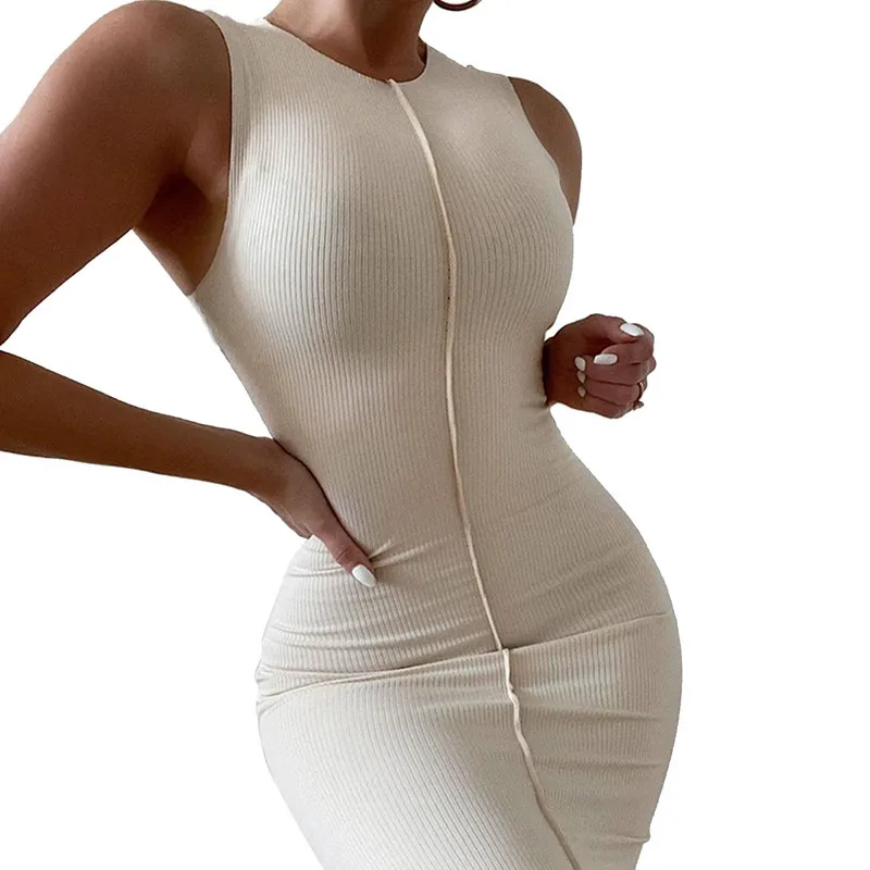 

Female Dress, Women\u2019 s Solid Color Round Collar Sleeveless Close-Fitting Bodycon Dress for Women 2022