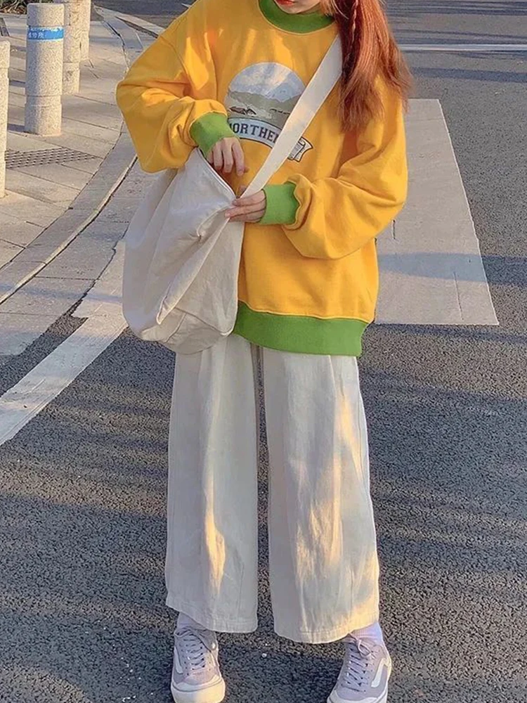 

2022SS Trousers Suit for Women Student Korean Harajuku Bf Cartoon Printed Sweatshirt + Casual Wide-leg Overalls Two-piece Set