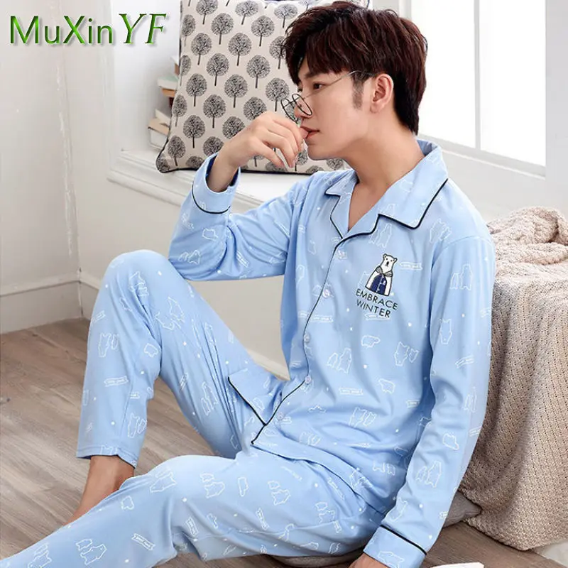 2022 Autumn New Long-sleeved Trousers Pajamas Two-piece Men's Casual Cardigan Pijamas Korean Loose Sleepwear Homewear Suit