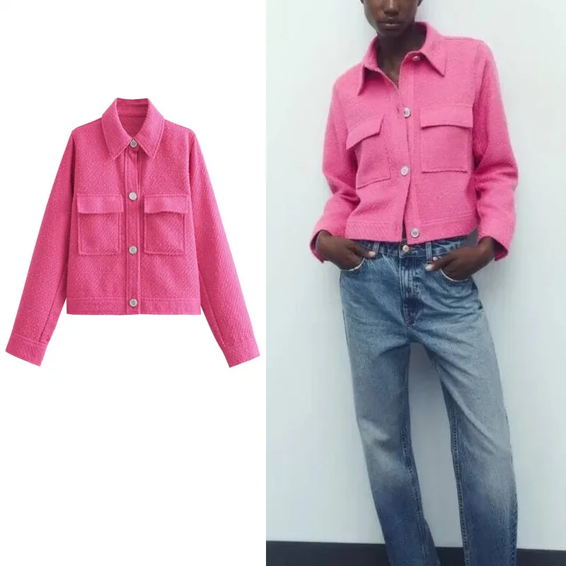 

TRAF Woman Textured Short Blazer Pink Button Cropped Jacket Coat Fashion Lapel Long Sleeve Blazer Autumn New Women's Jacket Coat