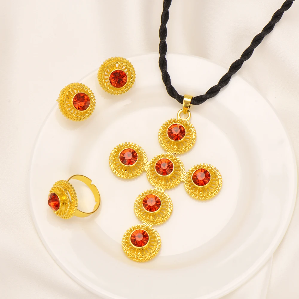 

2022 Red Stone Gold Color Eritrea Jewelry Set Ethiopian Big Cross Pendant Earring RingNecklaces for Women Africa Gift