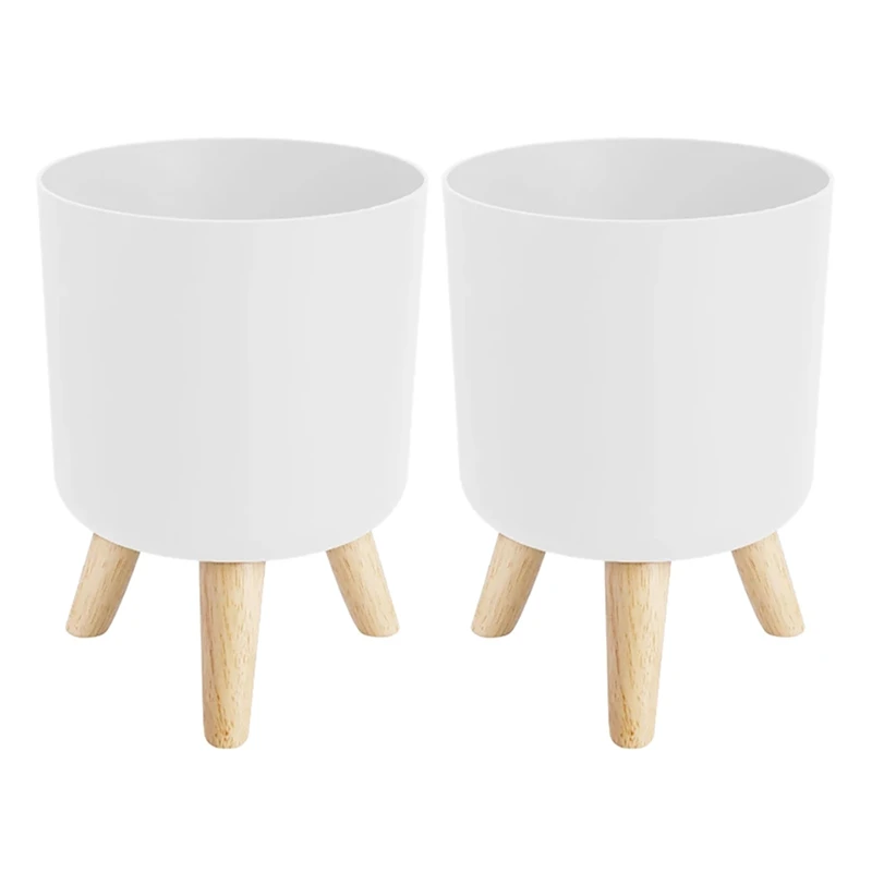 2X Modern Plant Pots With Wooden Legs Holder Bedroom Living Room Floor Standing Potted Flower Pot Garden Planters -2