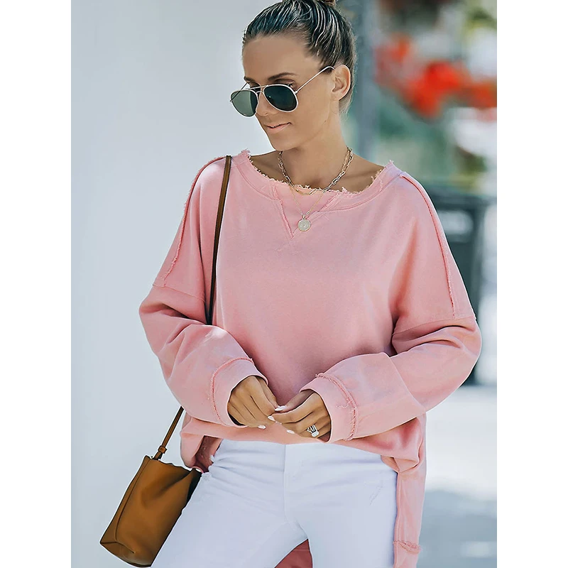 Fall Sweatshir Women’s Off The Shoulder Pullover Sweatshirts Long Sleeve Loose Fitting Casual Slit Pink Tops