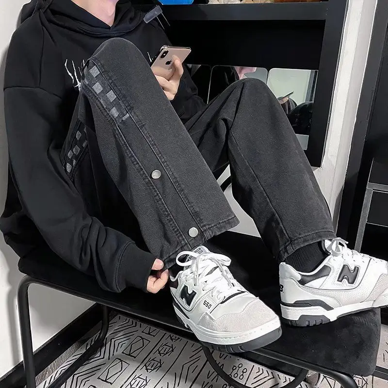 EOENKKY/ Loose Straight Tube Men's Jeans 2023 Spring High Street Trendy Wide Leg Pants Fashion Oversized Denim Trousers Man