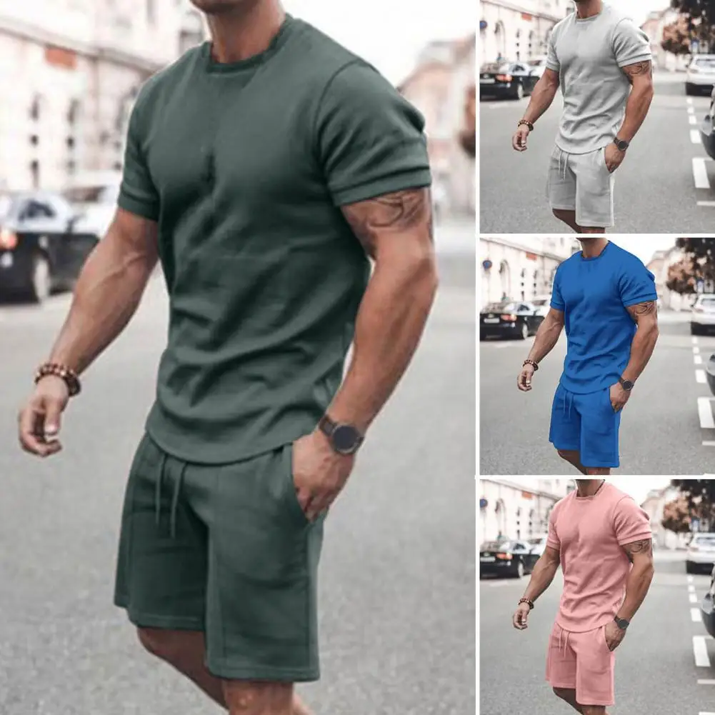 

2 Pcs/Set Men Top Pants Set Fabulous Short Sleeve Summer Tracksuit O Neck Deep Crotch Men Tracksuit for Home