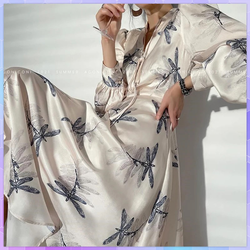 

Платье женское атласное с цветочным принтом, элегантное однобортное свободное ажурное платье с глубоким V-образным вырезом и длинным рукав...