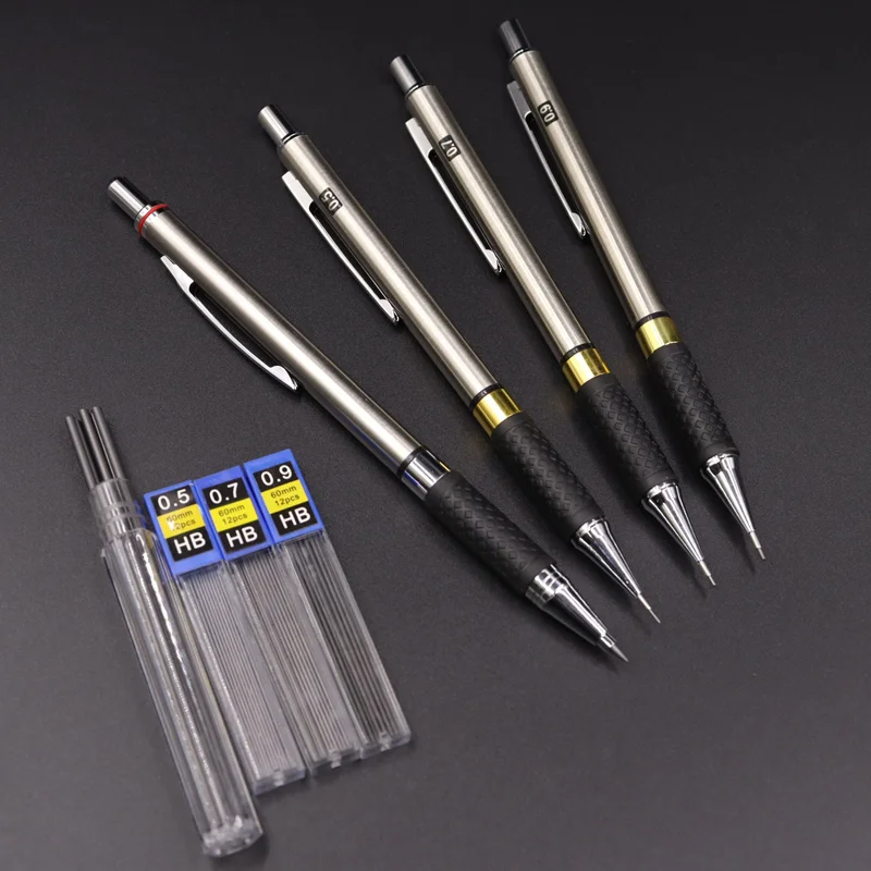 S Set In Leather Case Metal Drafting Pencil 0.5, 0.7, 0.9 2.0 Mm Black Color Lead Holders For Sketching