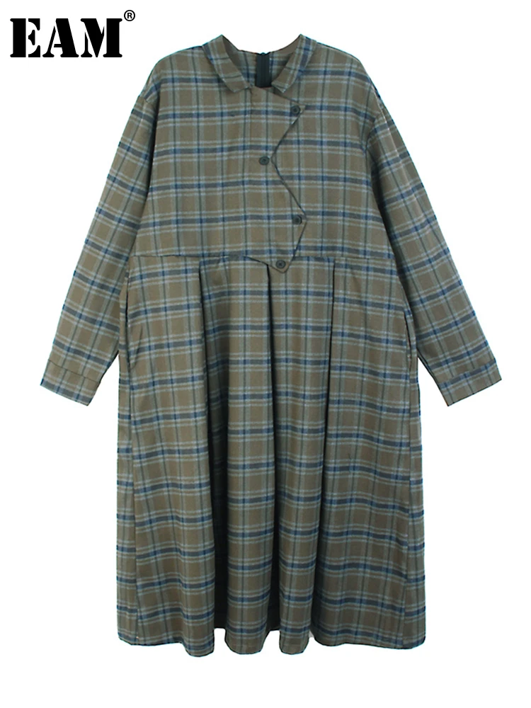 

[EAM] Women Green Plaid Pleated Big Size Shirt Dress New Lapel Long Sleeve Loose Fit Fashion Tide Spring Autumn 2022 1DF2721