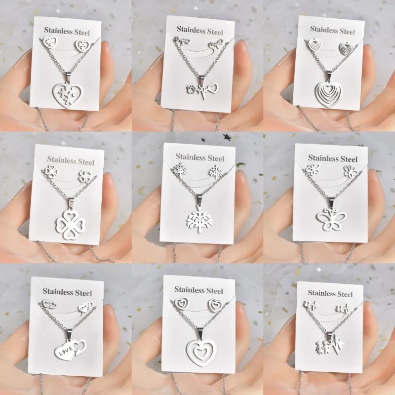 

30set/lot Trendy Stainless Steel Silver Color Love Heart Pendant Chain Necklace Stud Earring for Women Fashion Jewelry Set