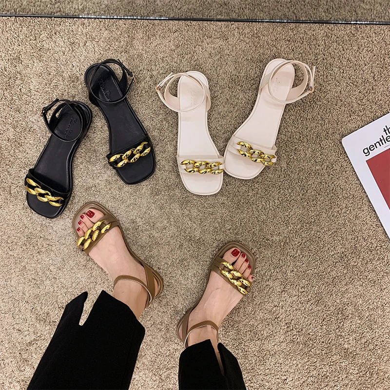 

Сандалии женские на низком каблуке, удобные босоножки из экокожи, без каблука, простые модные туфли в стиле ретро, бежевые, лето 2022