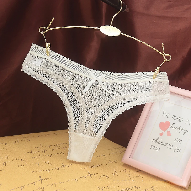 

Women Sexy Lace Jacquard Thong Women Underwear Cotton Crotch Seamless Panties with Bow Transparent G String Трусы Женские