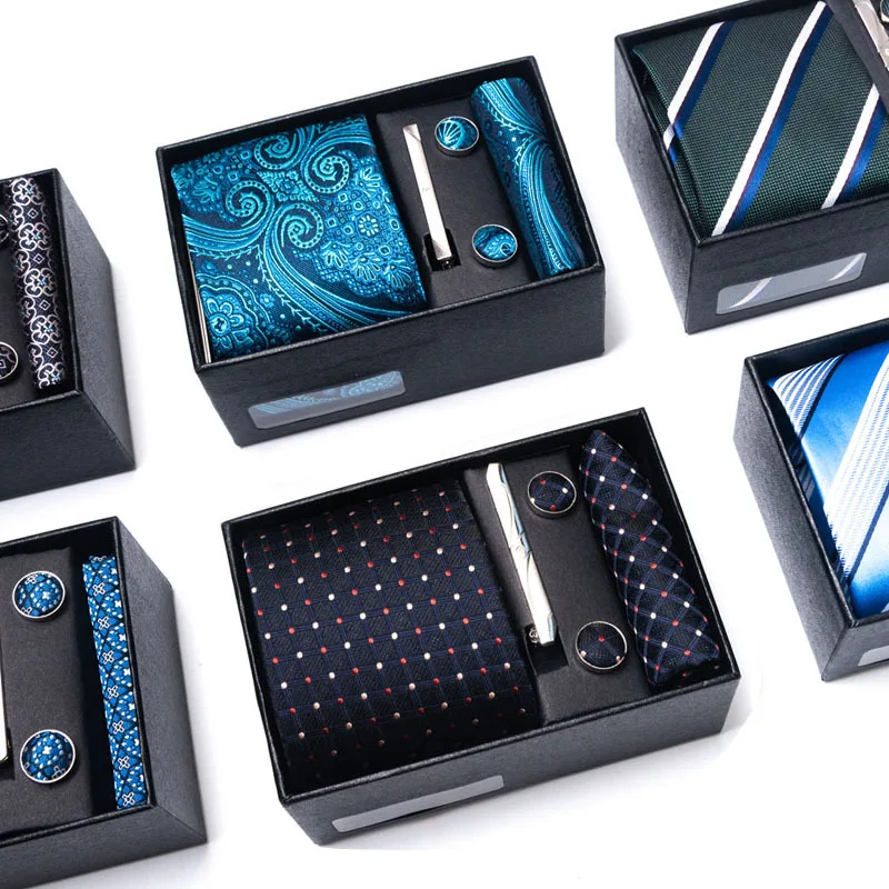 

Formal Dress NeckTie Handkerchief Gift Box Men's Tie Set Silk Striped Party Groom Wedding Cufflinks Tie Clips Set Men Gift NZ265