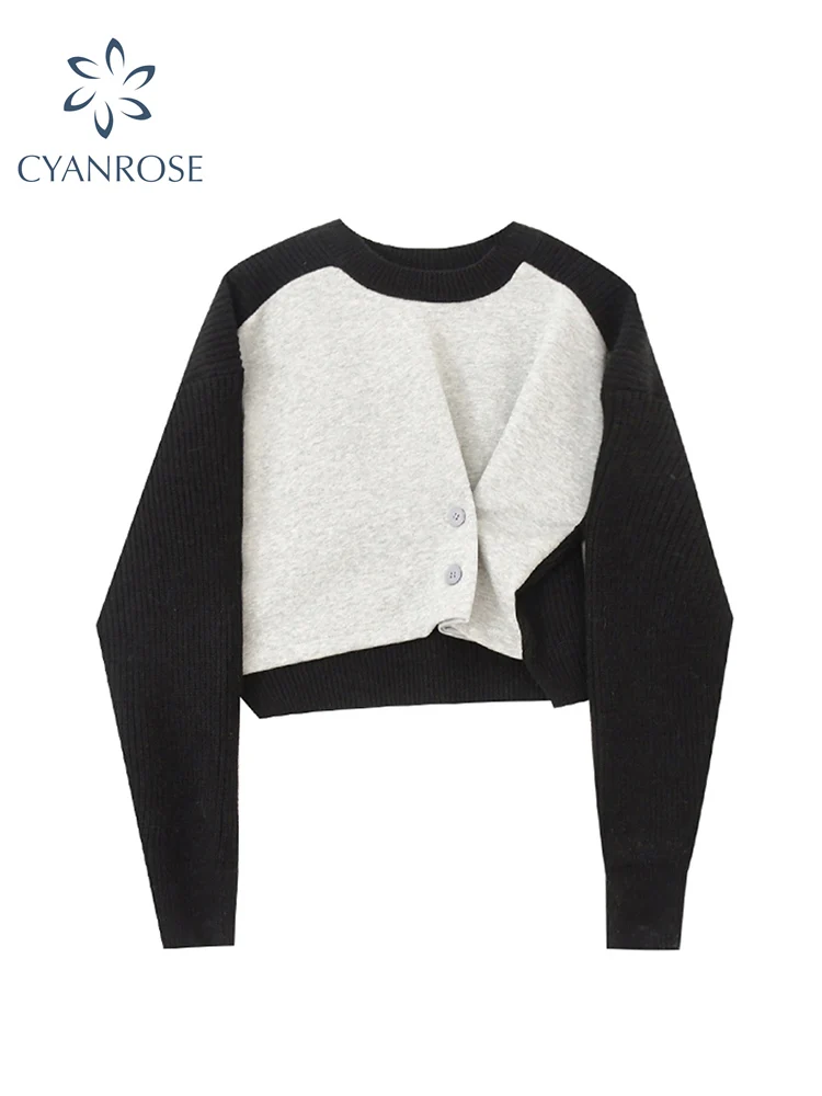 

Women's Pullover Sweatshirt Long Sleeve O-neck Knitted Patchwork Tops 2022 Spring Streetwear Vintage Hoodie Woman Casual Top New