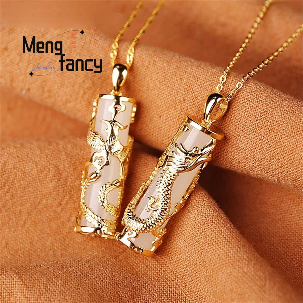 

Natural S925 Silver Inlaid With Hotan Jade Dragon Phoenix Necklace Fashion Couple Paired Customized Pendants Women Men Amulets