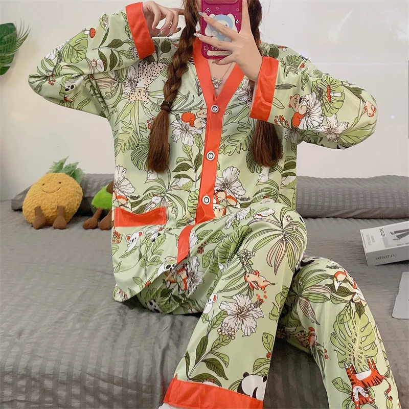 CAIYIER New Winter Nightwear Suit Cardigan Long Sleeve Trousers Ladies Pajamas Set Flower Sweet Sleepwear Simple Homewear 2XL