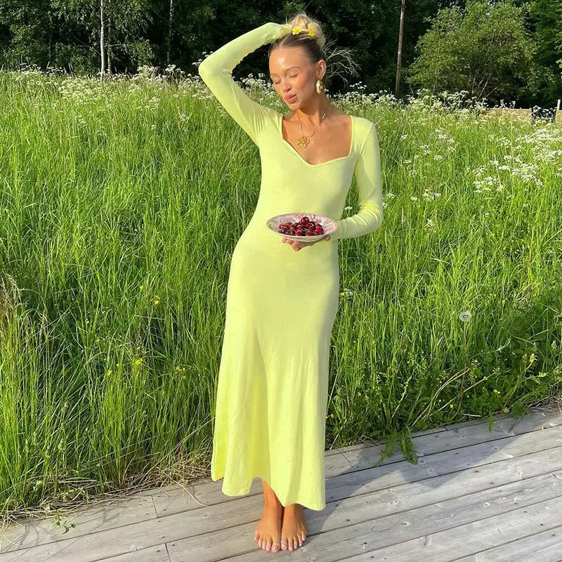 

Женское вязаное однотонное платье HEZIOWYUN, базовое длинное платье с длинным рукавом и глубоким вырезом, облегающее пляжное длинное платье, ул...