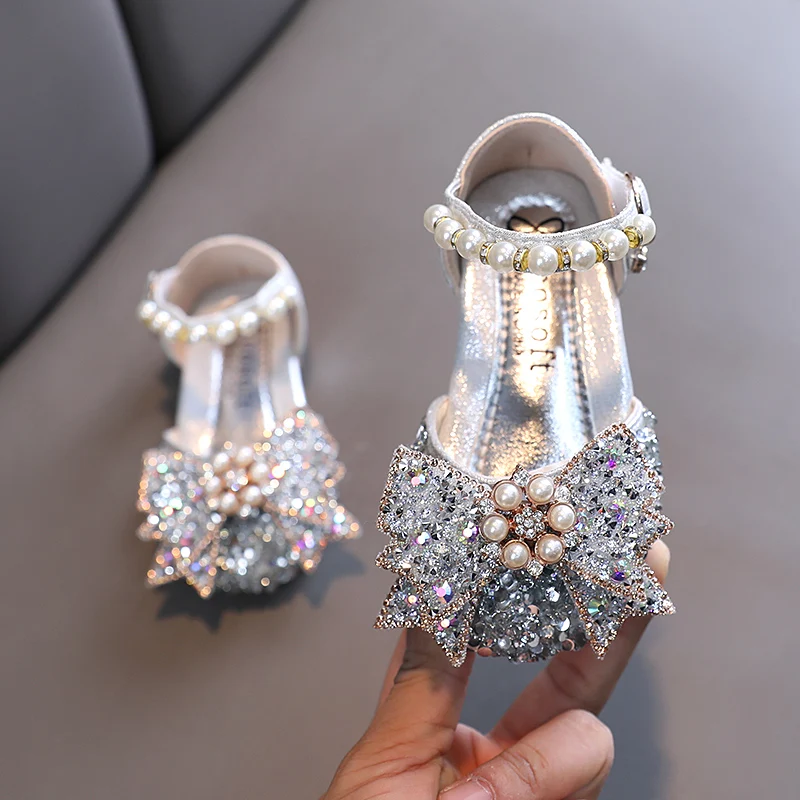 

Summer Baby Sandals Princess Shoes Baby Flat Sequin Pearl Bow Sandals Kids Shoes Children Fashion Bling Soft Dance Party Shoes