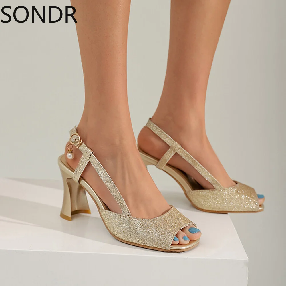 

Босоножки женские на высоком каблуке, с открытым носком и блестками, 3 цвета