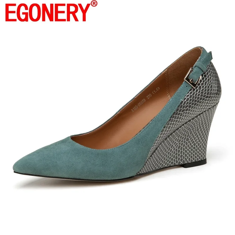 EGONERY New Style Fashion Pumps Autumn New Style Pointed Toe Wedges Woman Full Leather High Heels Party Shoes Sexy Ladies