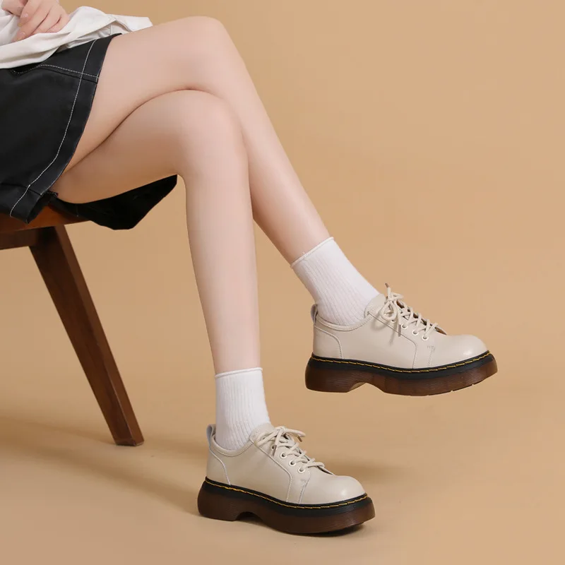 Thick Bottom British Style Small Leather Shoes Women 21 New Casual Round Toe Single Shoes Beef Tendon Bottom short Shoes Women