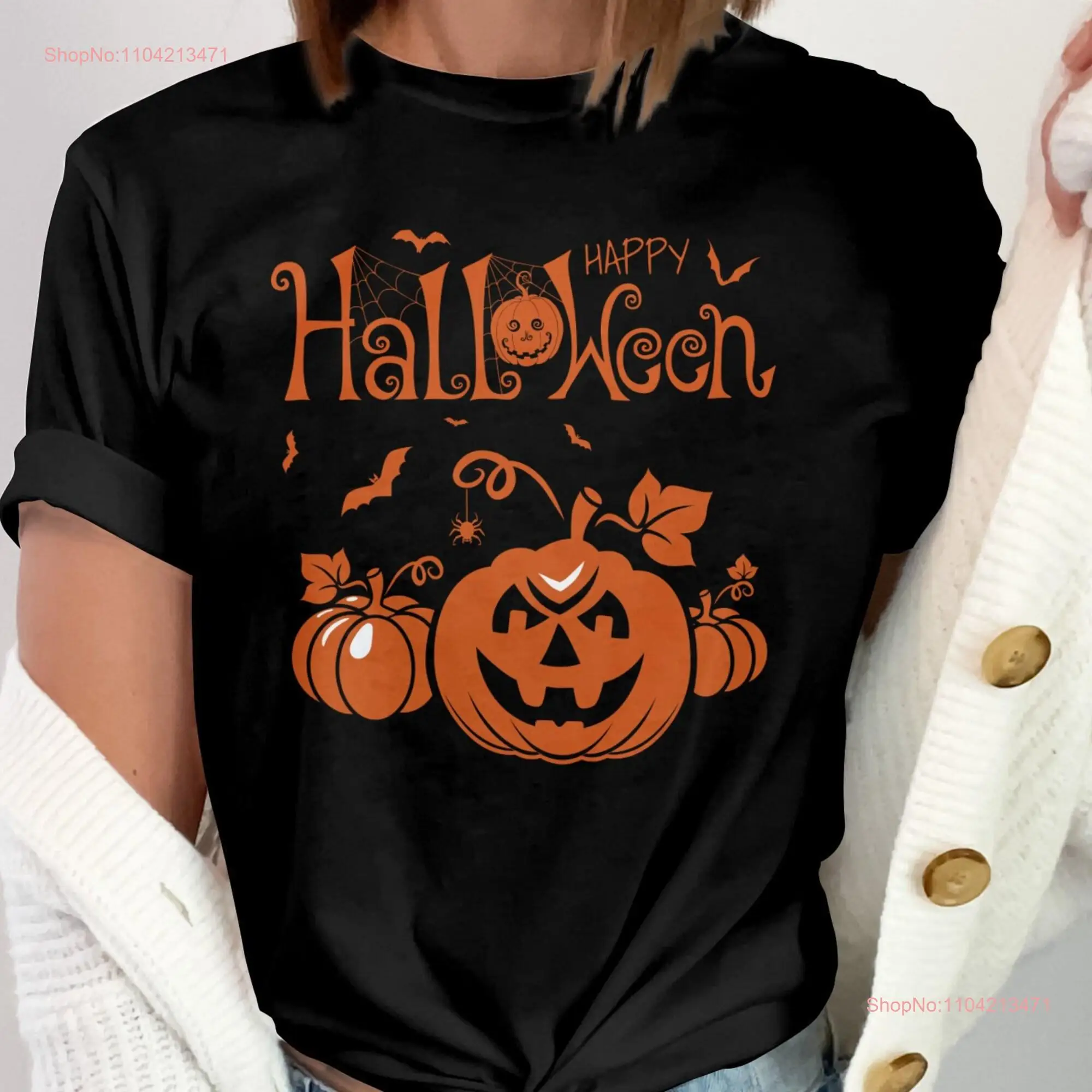 Футболка на Хэллоуин Happy Pumpkin жуткая летучая мышь и паутина забавная осенняя