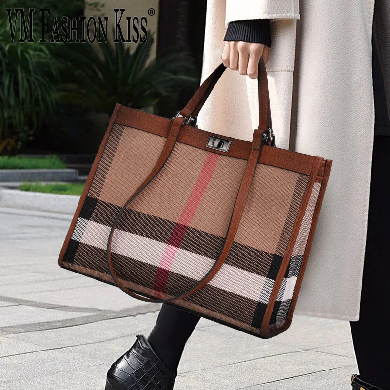 VM FASHION KISS Canvas + Leather Women's Shoulder Hand Bag Woman Large Capacity Casual Tote Classic Stripe Bag Black Handbag