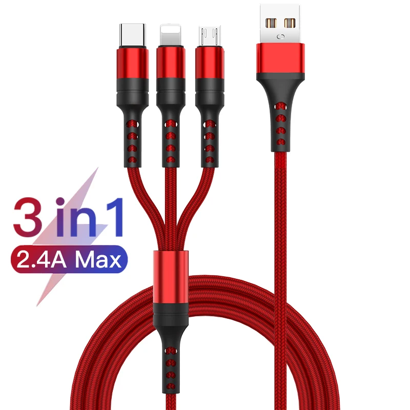 

3 in 1 USB Cable for iPhone 13 12 11 Pro Max XR XS 8 7 2.4A Micro USB Type C Charger Cable for Huawei Fast Charging Cord 1/1.5M