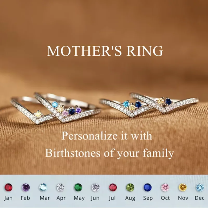 MOTHER'S RING WITH KID'S BIRTHSTONES- Personalized 1-5 Birthstones Chevron Pave Ring - Custom Mother's Day Gift Jewelry & Access