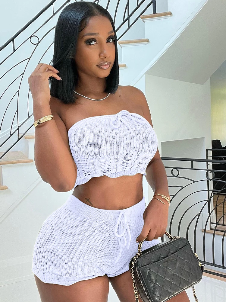 

Solid Knitted Women's Suits Summer Festival Clothes 2022 Sexy Strapless Backless Crop Tops and High Waist Shorts Beach Outfits