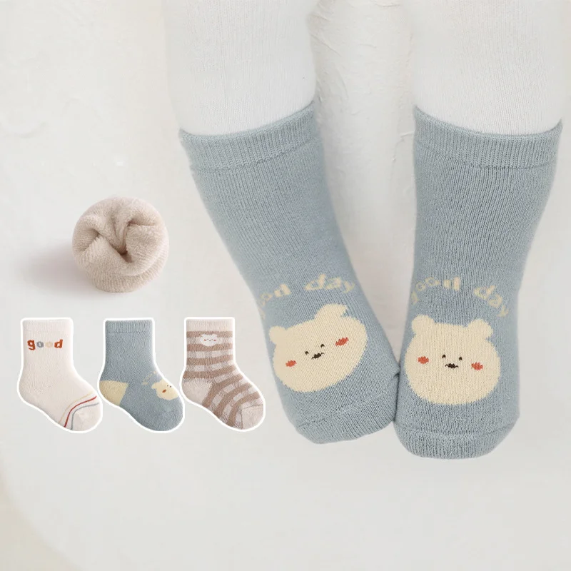 3Pairs/Pack Winter Thicken Terry Warm Thermal Long Socks 2022 Cute Cartoon Striped Children Stockings for Baby Boy Girl Clothes