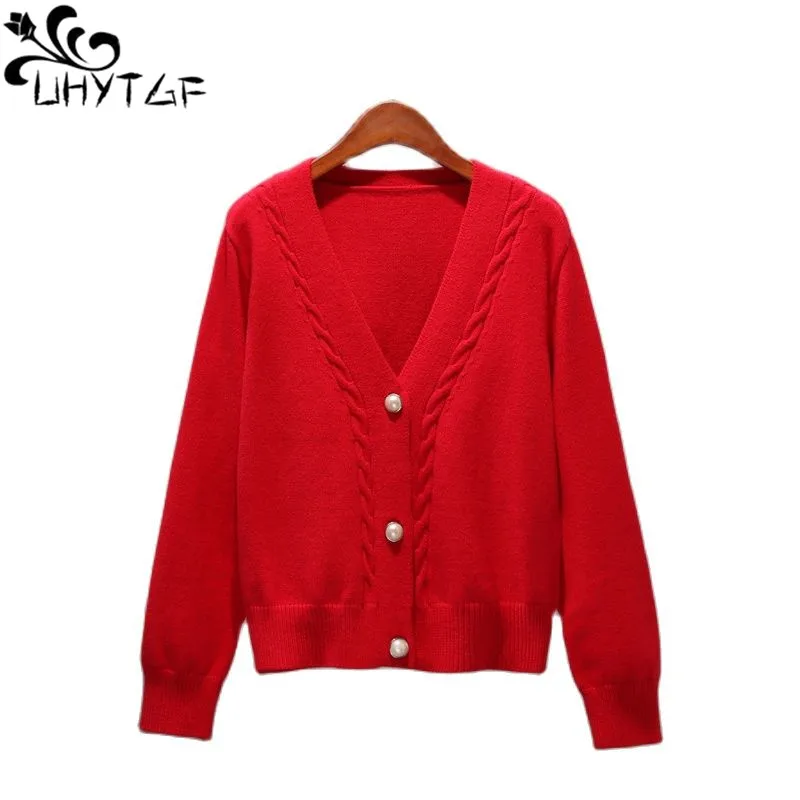 

UHYTGF Cardigan Women Spring Autumn Sweater Coat 2022 V Neck Single Breasted Short Knitted Sweaters Female Fashion Sweet Top 1