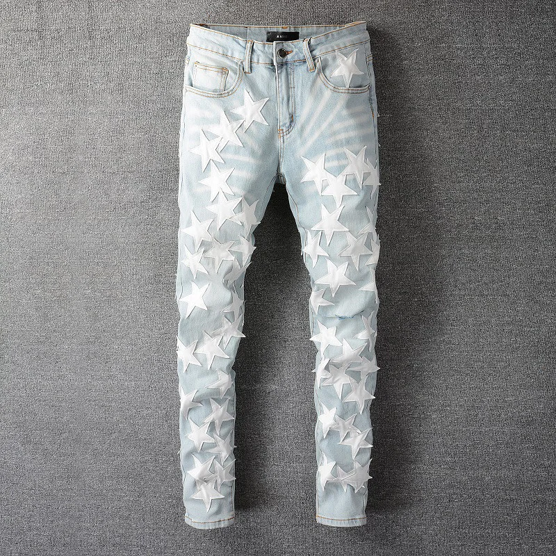 

Patchwork Brand Jean Men Hip Hop Leather Star Stitching Ripped Jean Orange Denim Pant High Quality Streetwear Ripped Tights Pant