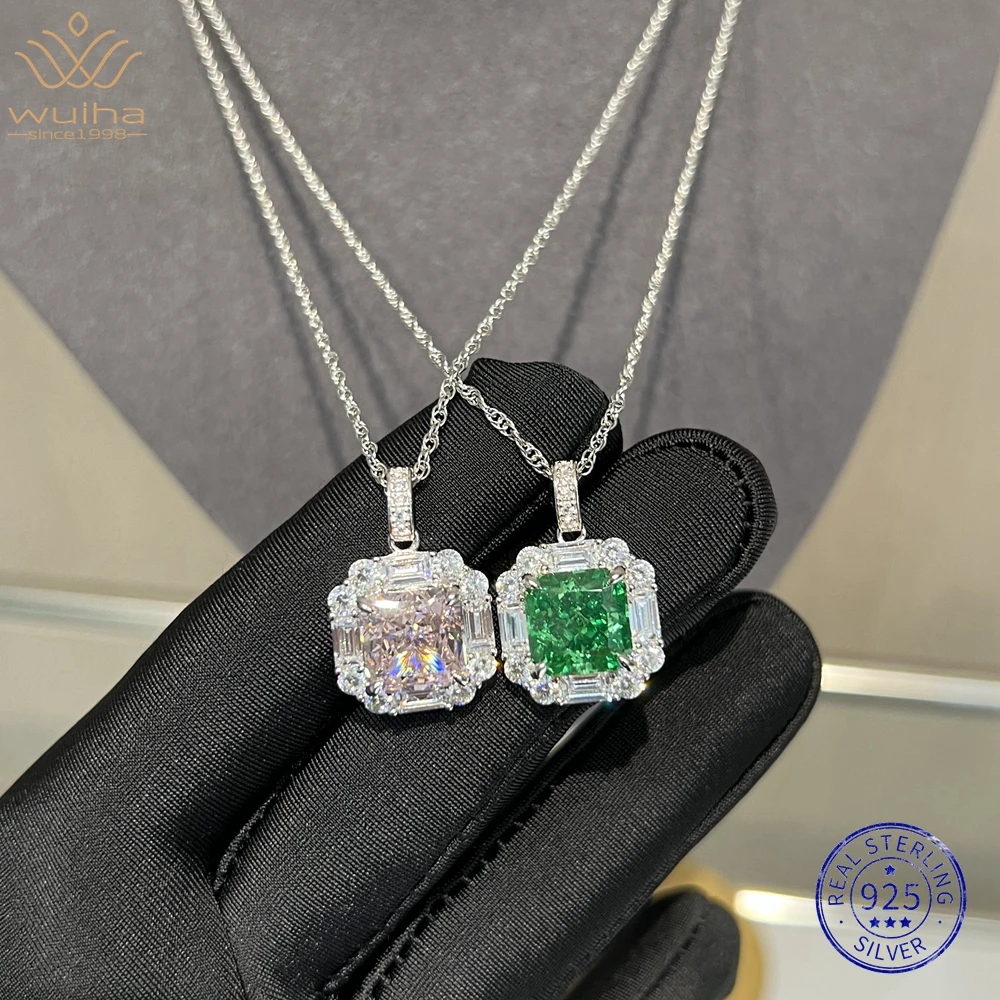 WUIHA Real 925 Sterling Silver 6CT Pink Sapphire Tsavorite Synthetic Moissanite Chains Necklaces for Women Gift Drop Shipping
