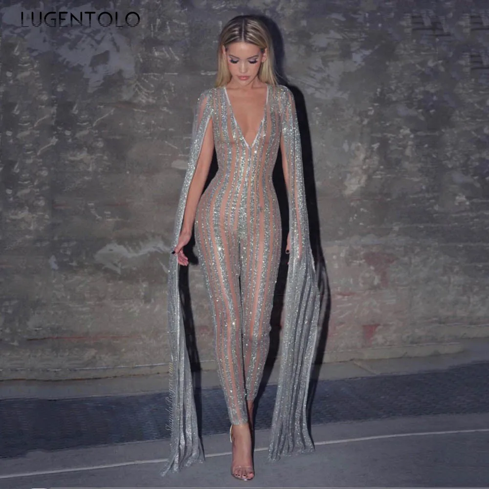 

Women Party Jumpsuit Sexy Perspective Long Sleeve Shiny V-neck Slim Spring Female Casual Long Pencil Jumpsuits Lugentolo
