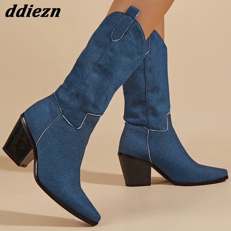 

Fashion Denim 2023 Women Western Boots Female Pumps Slip On Booties Mid-Calf Ladies Chelsea Boots Casual Outdoor Heeled Shoes