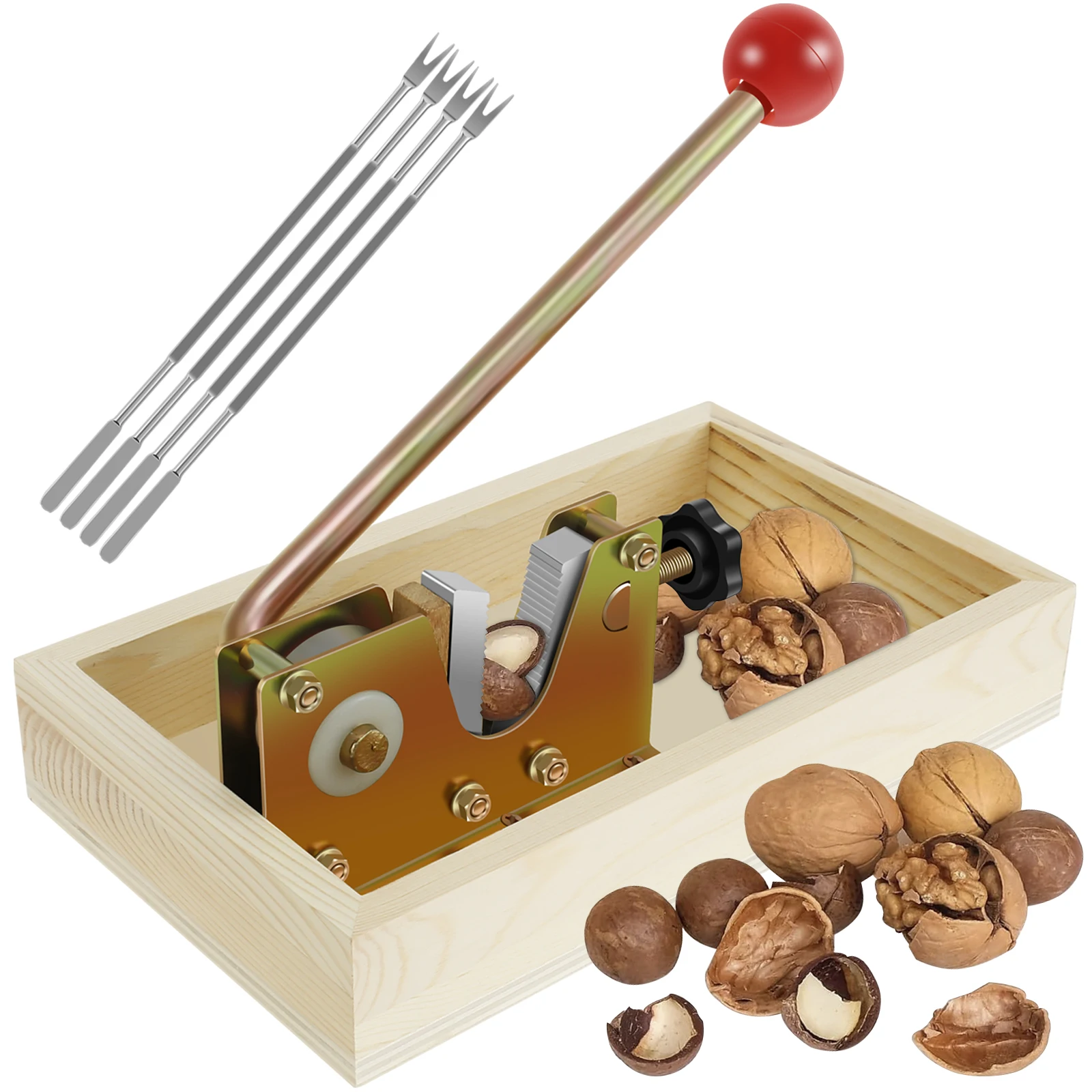

Nut Cracker Heavy Duty Walnut Cracker with Wooden Base Adjustable Nut Sheller Manual Walnut Open Tool with 4 Picks Labor-Saving
