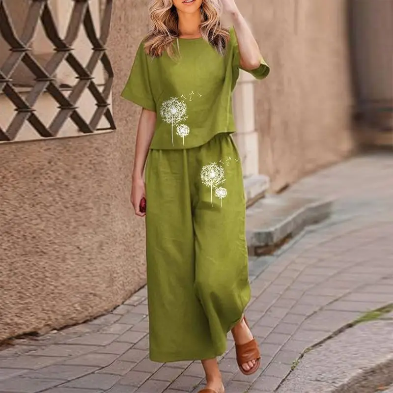 

Women's Fashion Casual Printed Short Sleeve Shirt Tops + Pants Suit Female Two-piece Set Cotton Linen Hemp Soft Comfort Outfits