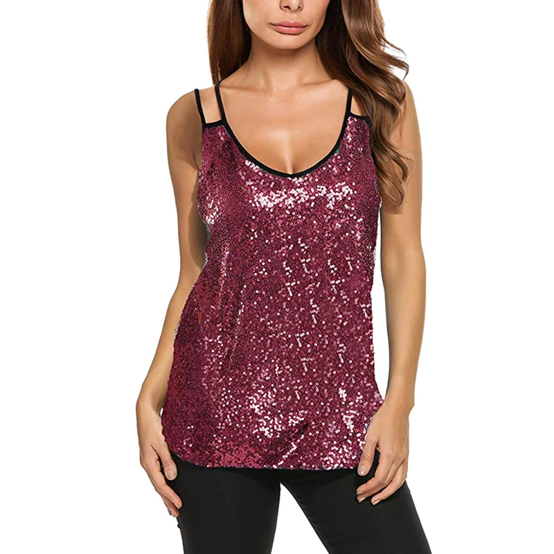 

Sexy Sequin Spaghetti Strap Camis Top Women Glitter V Neck Camisoles Tank Tops Shiny Girls Sleeveless Tshirts Summer Vest Female