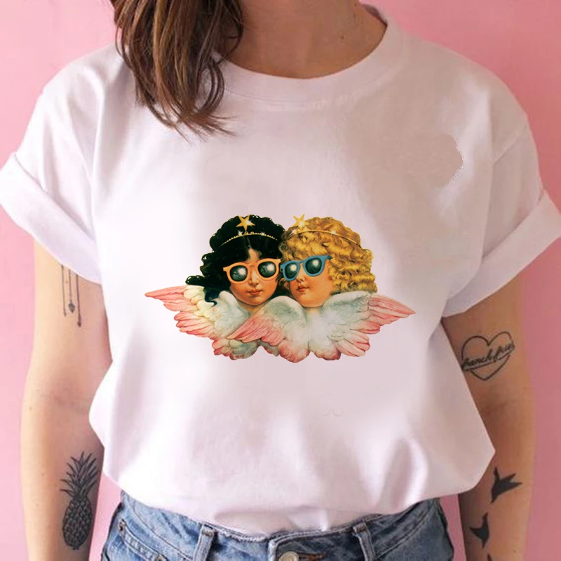 

Cute Tee Shirt Cupid Angel Print Tshirt Women Summer Cartoon Clothes Harajuku Tshirt Female Aesthetic Kawaii Fashion Top Tshirt