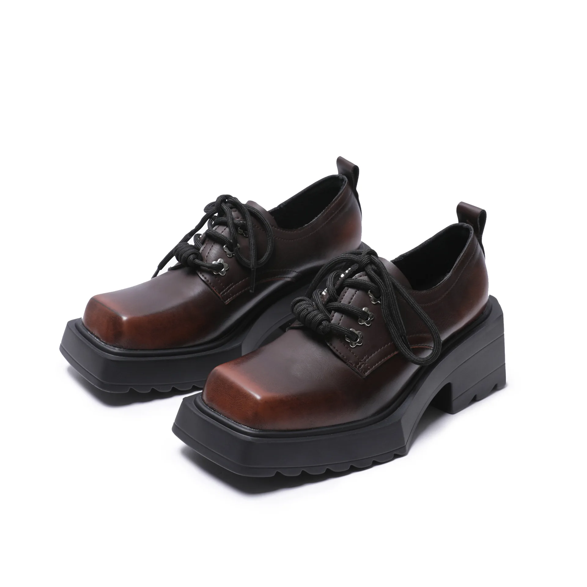 

Dropshipping British Style Retro Thick Heel Heightened Lace-Up Leather Shoes Square Head Platform Casual Women's Single Shoes