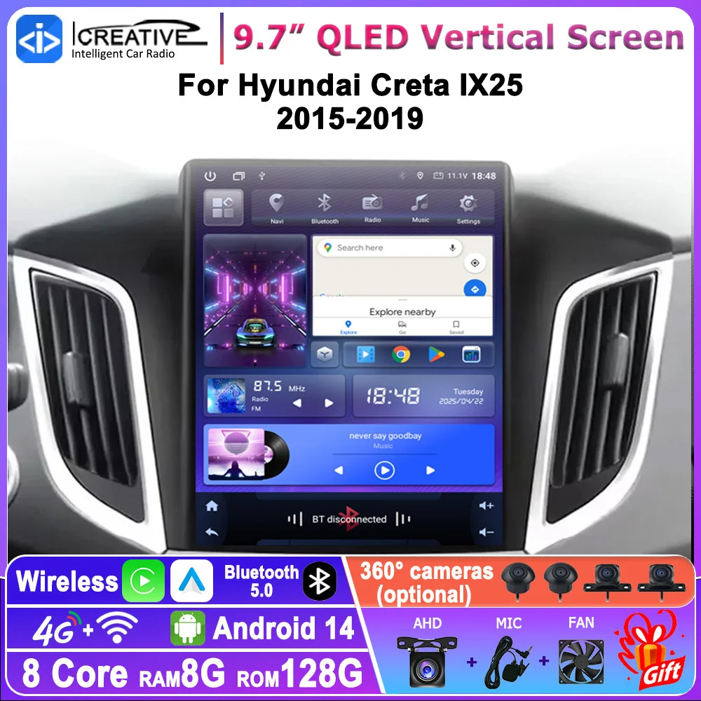 Фото 9.7-дюймовый мультимедийный проигрыватель для автомобиля на Android 14 для Hyundai Creta IX25 2015-2019, вертикальный экран в стиле Tesla, Carplay, Android Auto, навигация HU №1