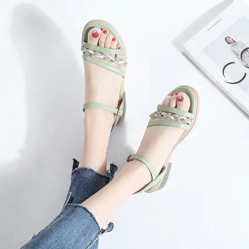 

Summer 2023 Green Buckles Women's Shoes with Medium Heels Beige Footwear Sandals for Woman F Wholesale Chic and Elegant on Offer