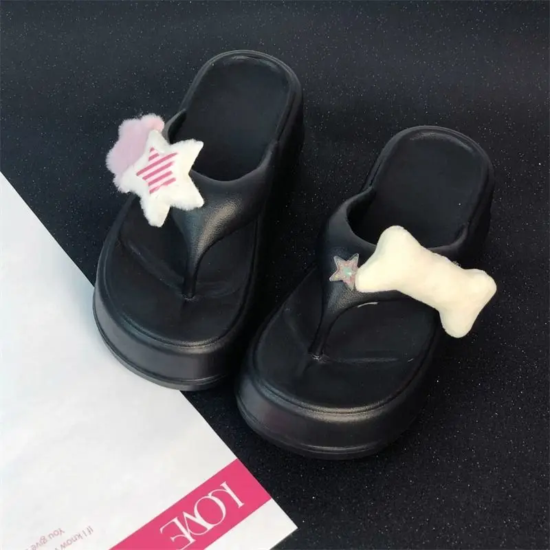 Summer new 7cm thick soled women's Flip-flops plush accessories outdoor high anti-skid beach shoes solid casual home slippers