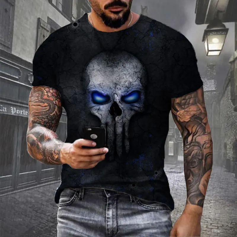

New Men's Skull T-shirts Street Retro Casual Short Sleeve Hip Hop Tops Oversized Tee Shirt Man Loose Clothing Short Sleeve Male