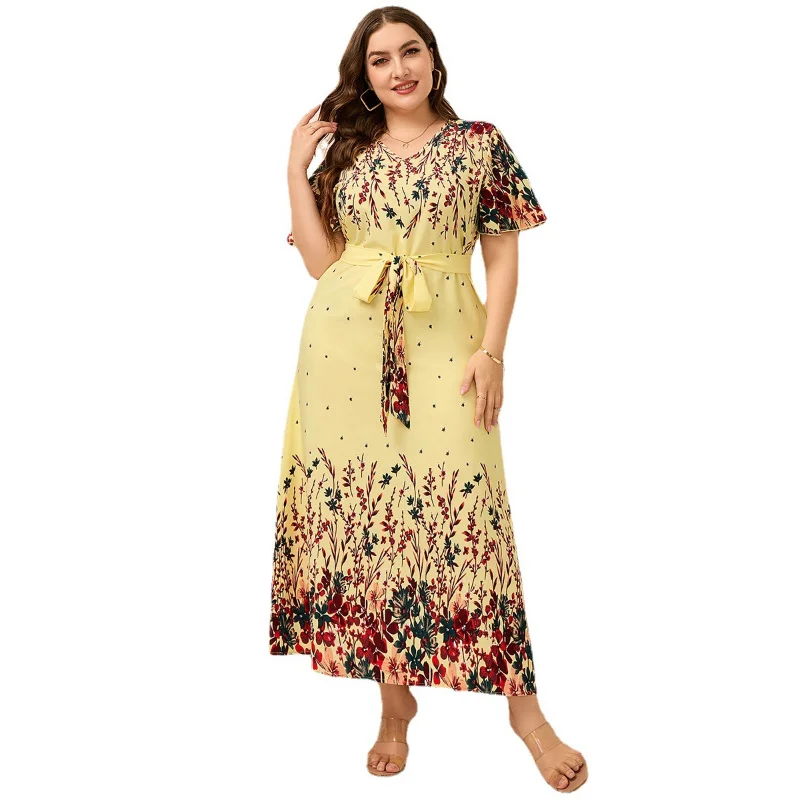 Plus Size 2023 Fashion Summer 3xl 4xl 5xl v Neck Long Dresses Elegant Floral Boho Dress Streetwear Dress for 3xl 4xl 5xl 6xl