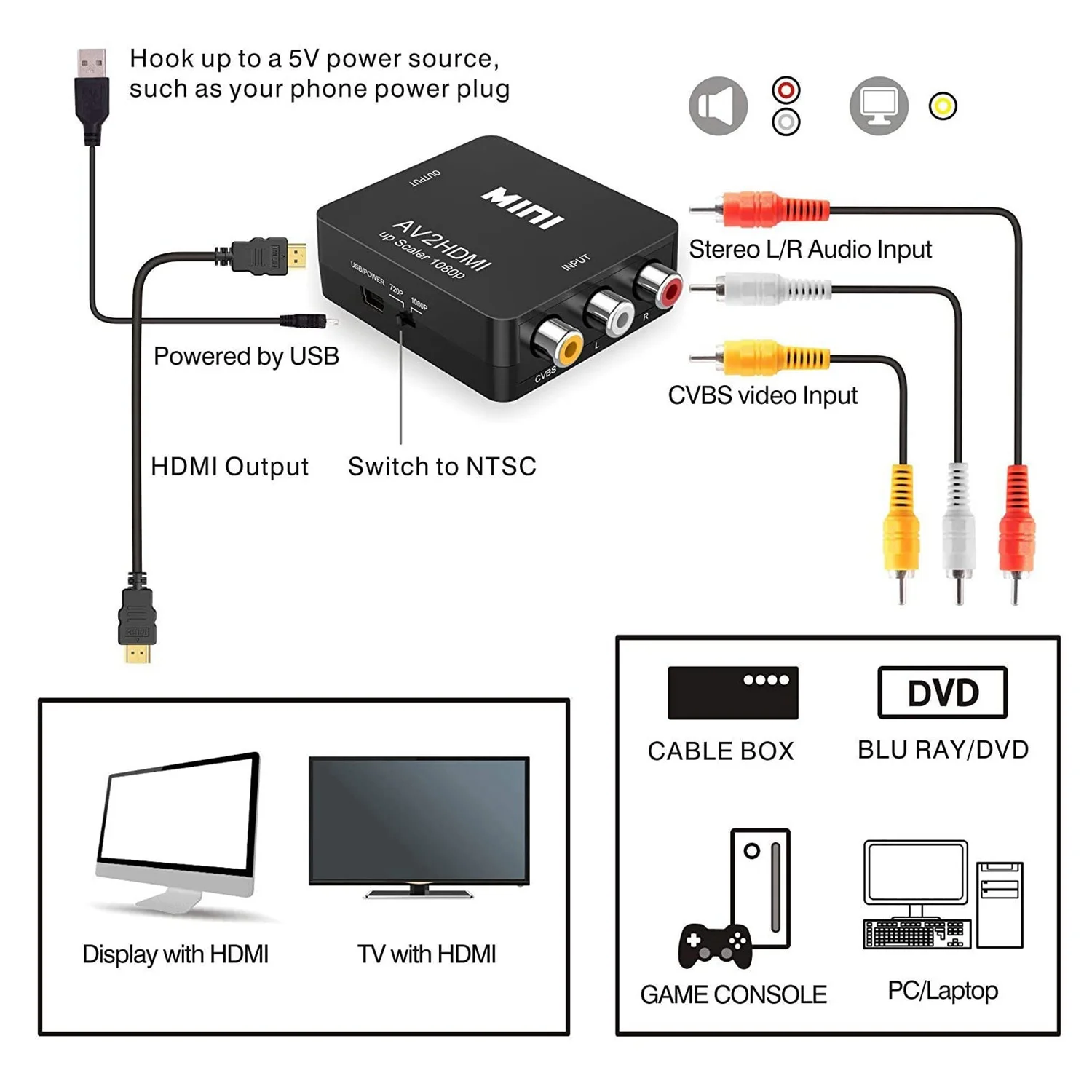 RCA к AV преобразователю 1080P Мини CVBS видео аудио преобразователь адаптер PAL/NTSC для
