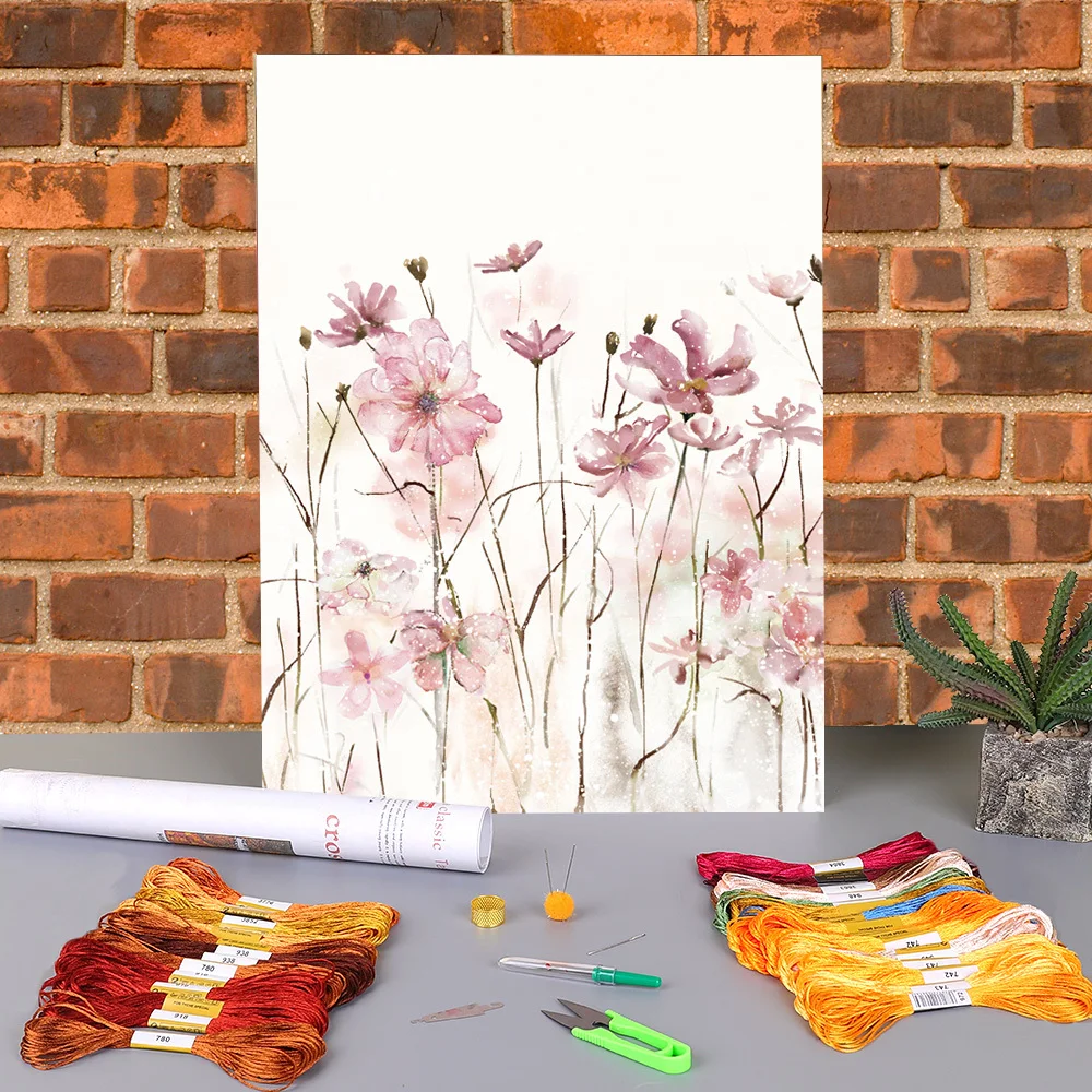 

Flower Pink Grey Floral Nordic Printed Fabric 11CT Cross-Stitch Embroidery Complete Kit DMC Threads Needlework Sales