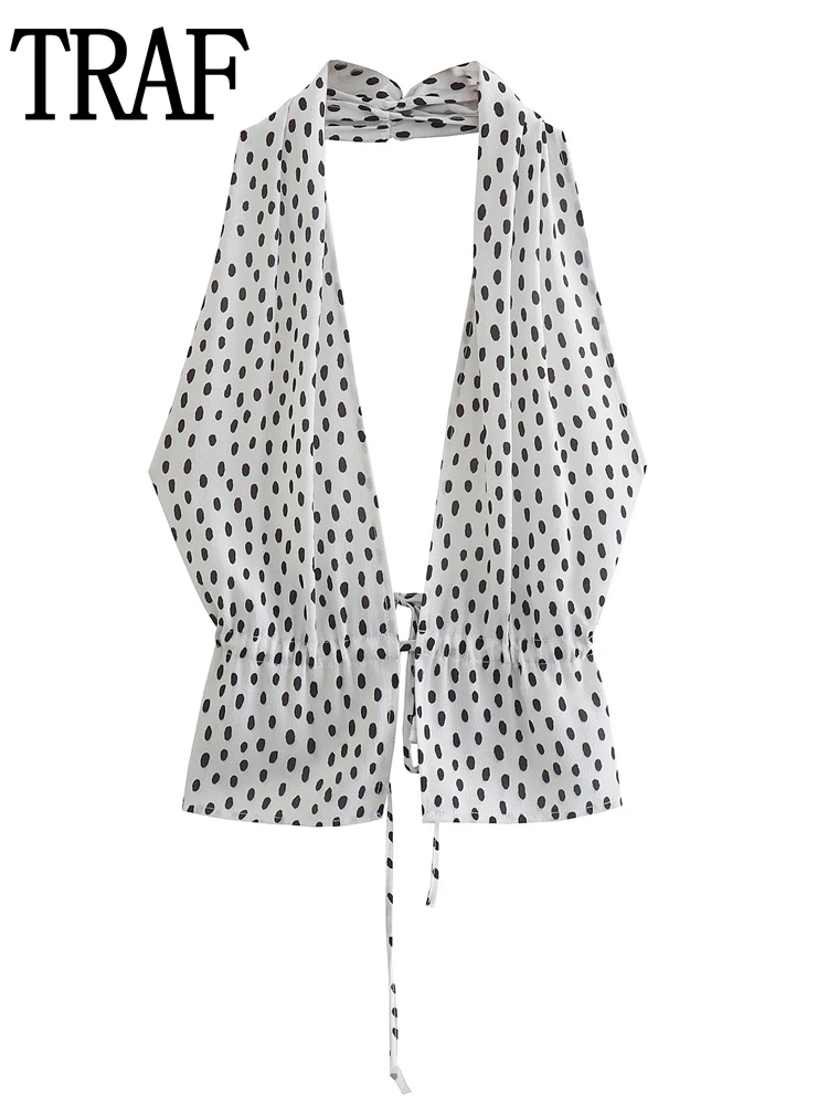 

TRAF Polka Dot Halter Top Female White Bustier Tops Women 2022 Summer Sexy Corset Top Women Streetwear Backless Tank Tops Woman