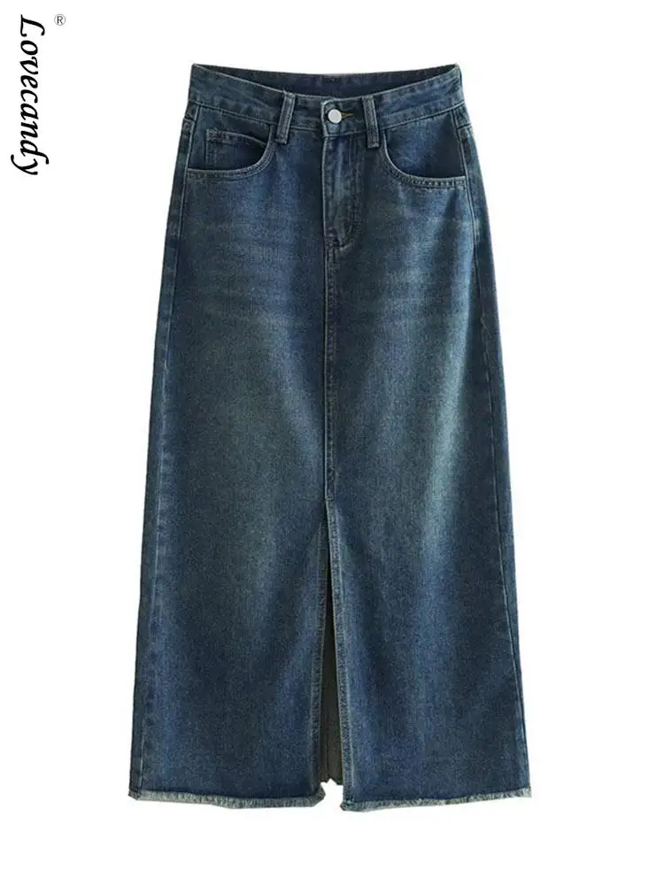 

Женская джинсовая юбка с завышенной талией, длинная трапециевидная юбка, Офисная модная синяя джинсовая юбка с разрезом спереди в стиле рет...