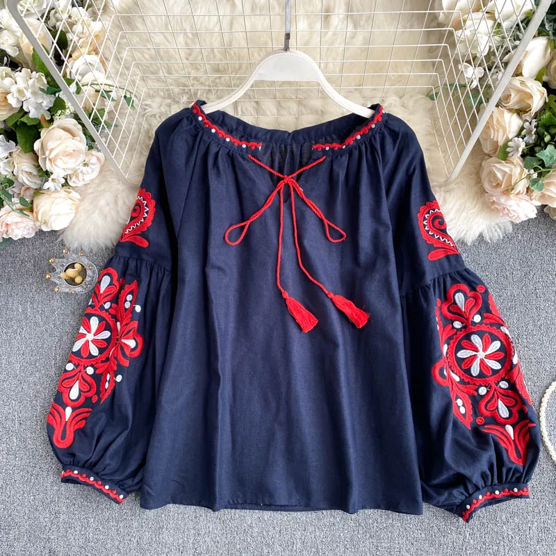 

Retro Shirt Women's Ethnic Style Embroidery Lace Up Tassel V-Neck Lantern Sleeve Top Loose Full Nude Women's 2023 New
